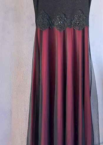 Bordo Gotik Nakışlı Abiye Elbise