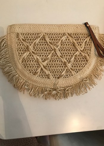 Püsküllü Nakışlı Bej Örgü Kadın Portföy Çanta
