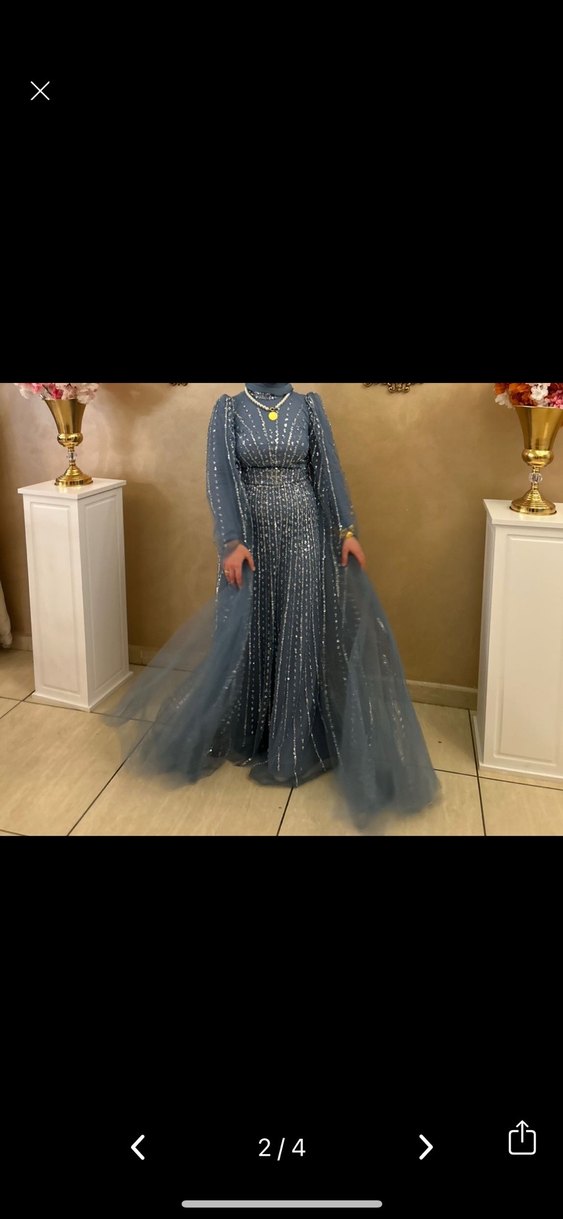 Gri İşlemeli Uzun Kollu V Yaka Abiye - Görsel 2