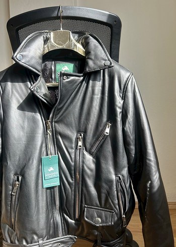 Kemerli Siyah Deri Biker Ceket - Görsel 2