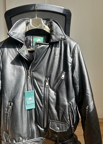 Kemerli Siyah Deri Biker Ceket - Görsel 3