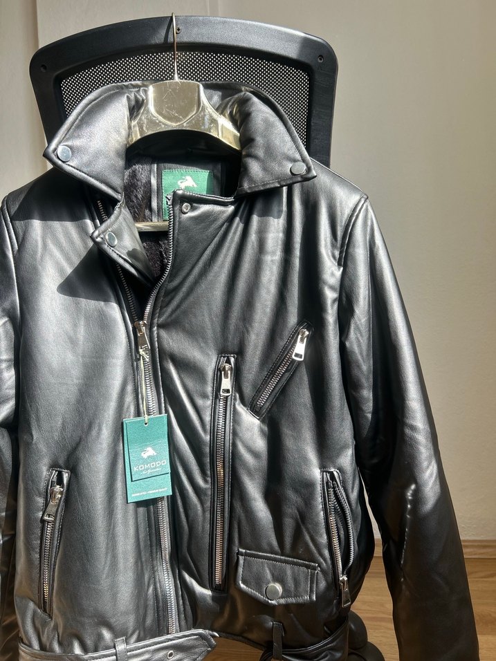 Kemerli Siyah Deri Biker Ceket - Görsel 2