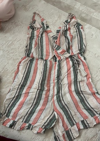 Çizgili Bohem Mini Askısız Tulum