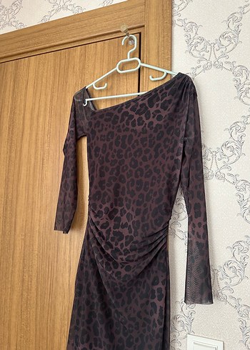 34 Beden kahverengi Renk Midi Boy Leopar Desenli Elbise