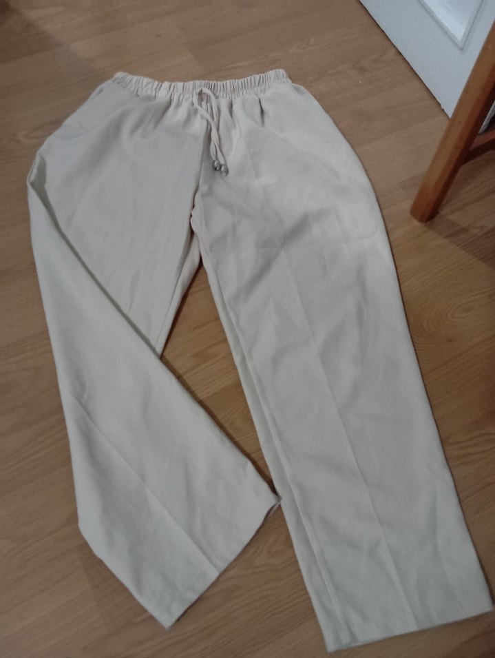 Bej Midi Rahat Kesim Kadın Keten Pantolon - Görsel 4