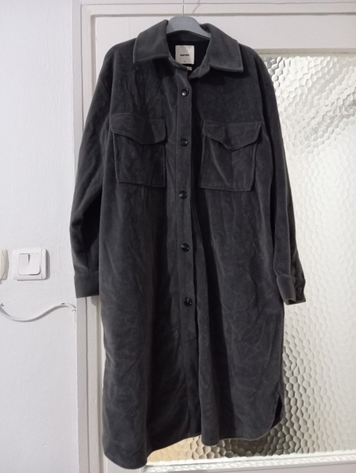 Düğmeli Gri Süet Midi Kadın gömlek - Görsel 2