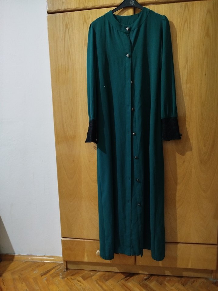 Düğmeli Uzun Turkuaz Kadın Elbise - Görsel 2