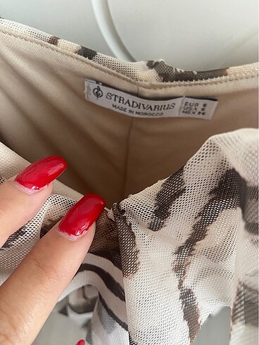 s Beden camel Renk Stradivarius krem zebra desenli elbise