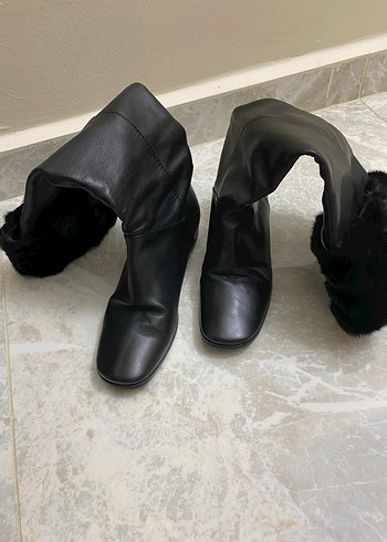 Kürk Detaylı Siyah Deri Dizüstü Stiletto Çizme az kullanıldı 36