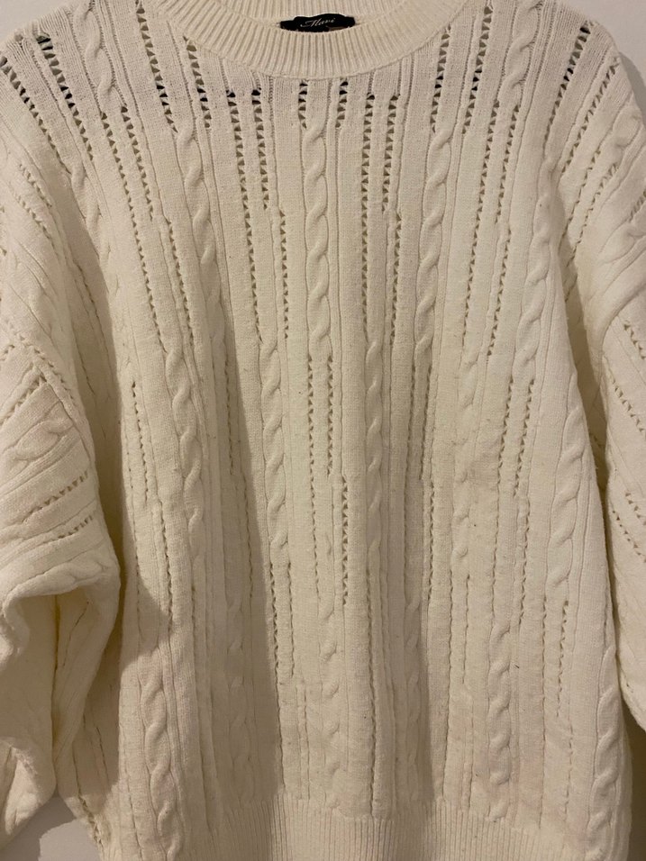 Mavi Kadın Beyaz Örgü Salaş Kazak - Görsel 3