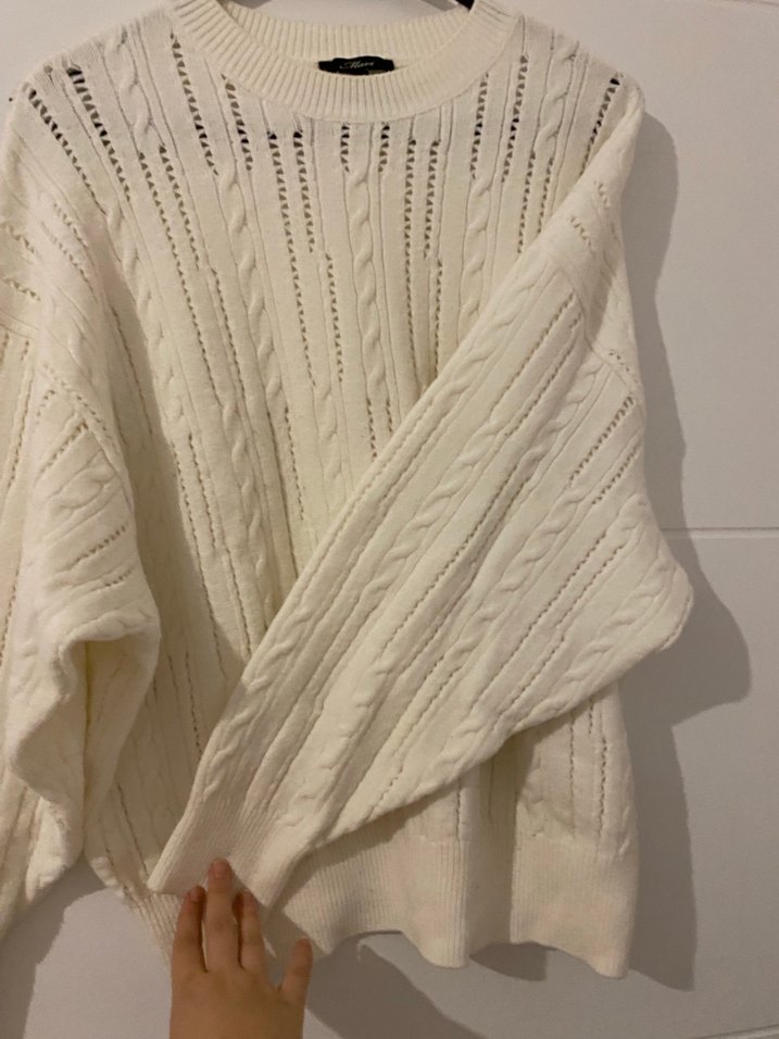 Mavi Kadın Beyaz Örgü Salaş Kazak - Görsel 5