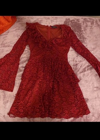 Bordo Dantel İşlemeli Bohem Elbise - Görsel 2