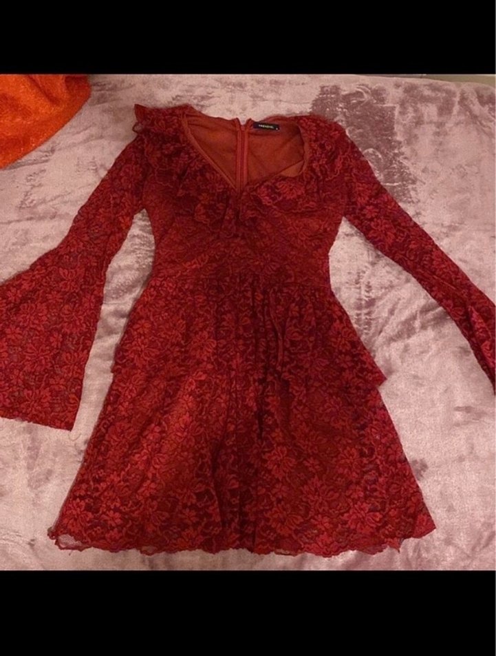 Bordo Dantel İşlemeli Bohem Elbise - Görsel 2