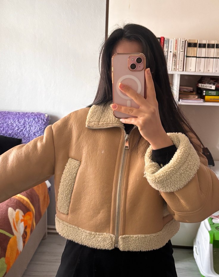 Kürklü Bej Süet Kadın Kışlık Mont - Görsel 2