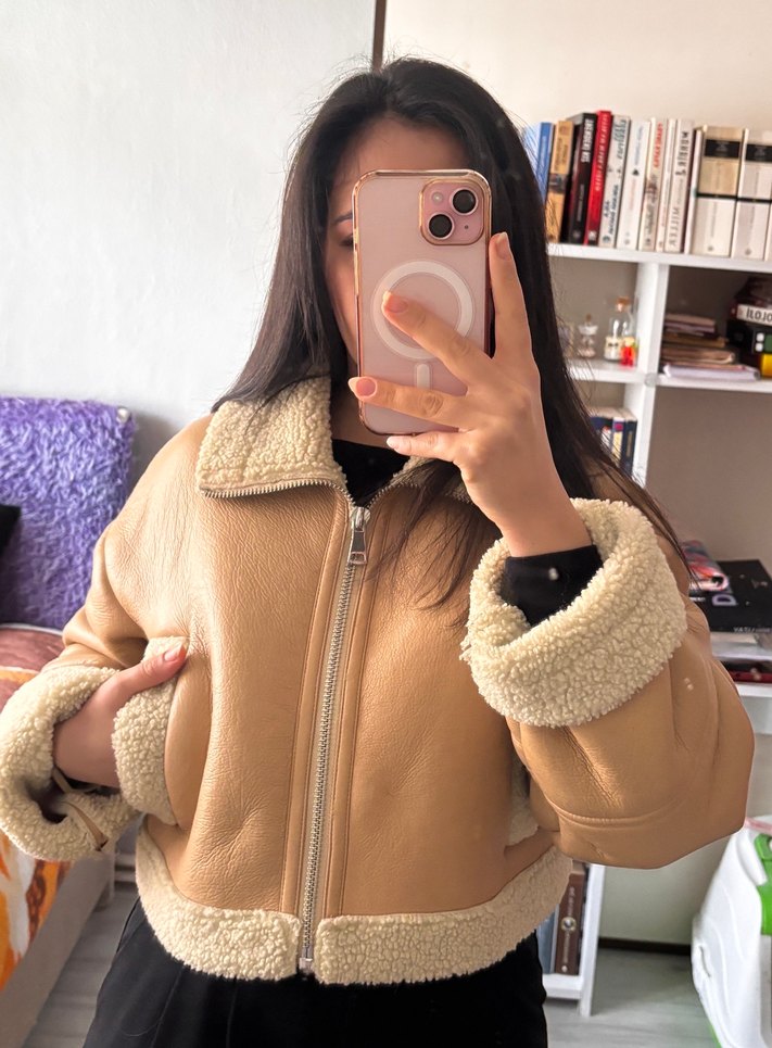 Kürklü Bej Süet Kadın Kışlık Mont - Görsel 3