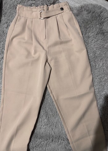 Bej Kemerli Kadın Kumaş Pantolon - Görsel 2