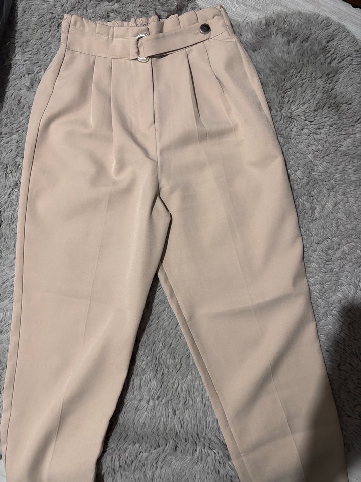 Bej Kemerli Kadın Kumaş Pantolon - Görsel 2