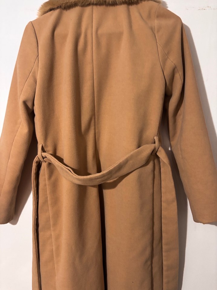 Kürk Detaylı Bej Kadın Midi Süet Kaban - Görsel 3