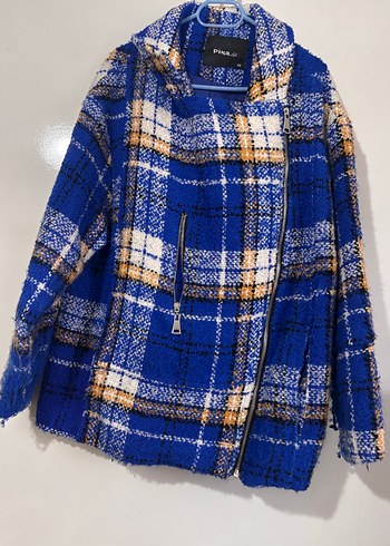 Düğmeli Mavi Ekose Midi Kadın Ceket - Görsel 3