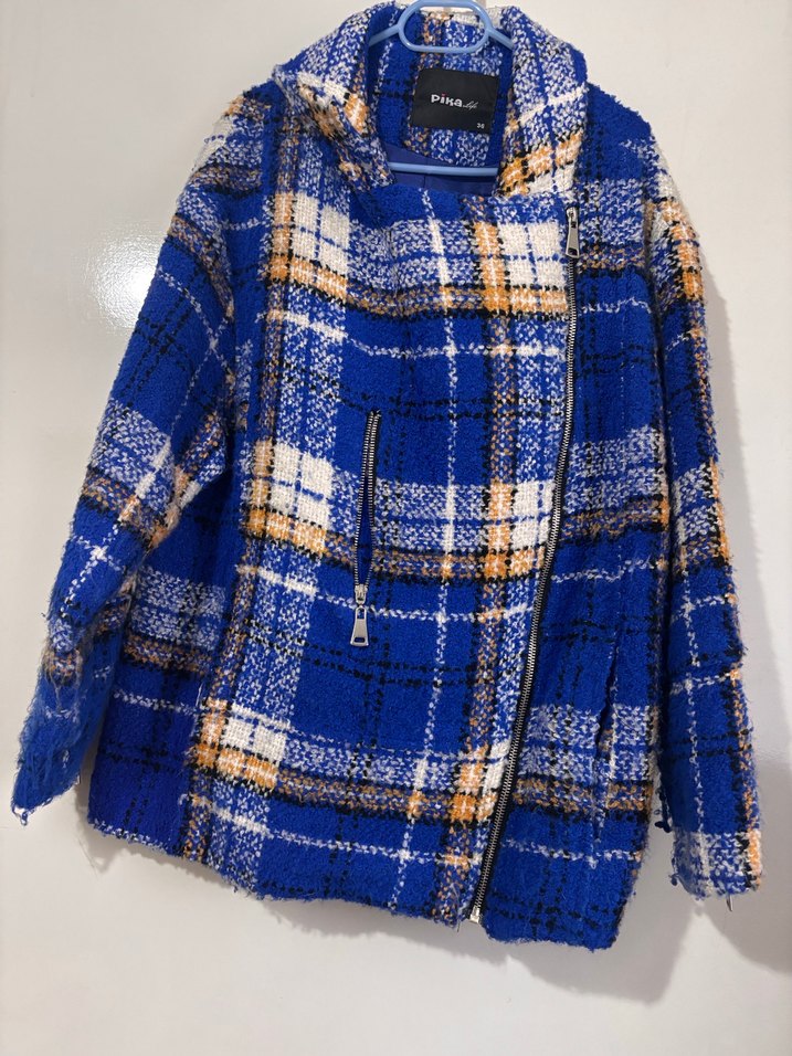 Düğmeli Mavi Ekose Midi Kadın Ceket - Görsel 3