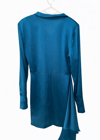 Mavi Saten Parlak Düğmeli Belden Bağlamalı Elbise - Görsel 2