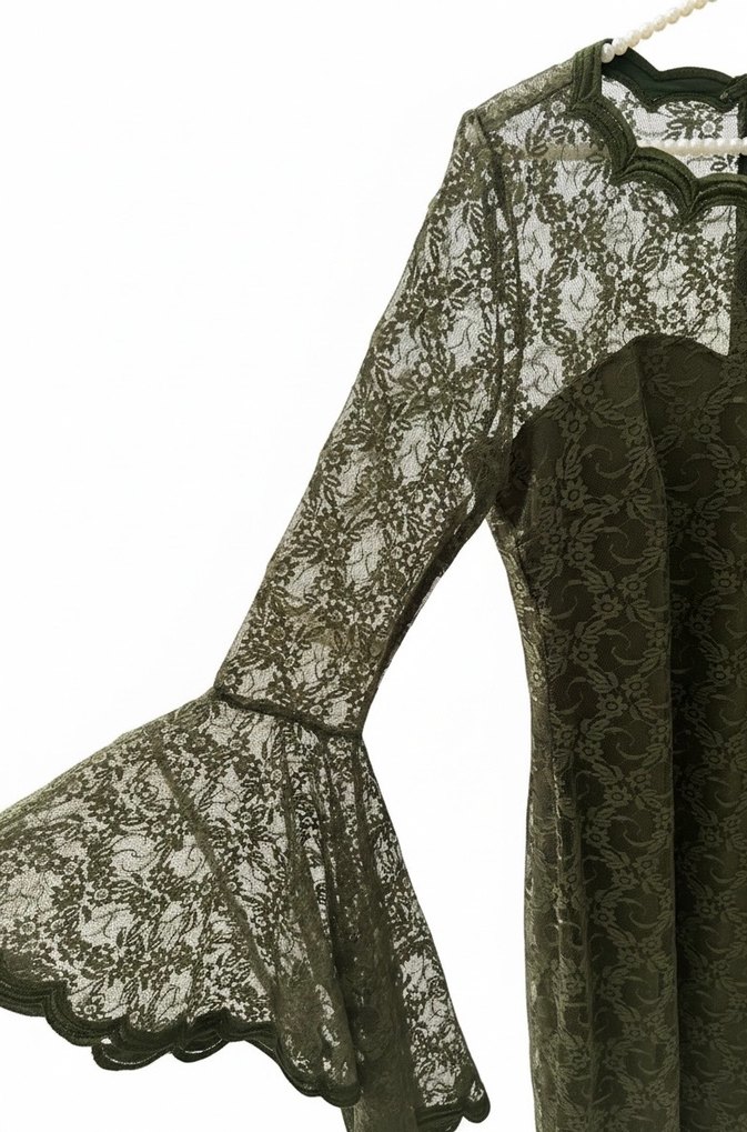 Dantel Detaylı Uzun Kollu Haki Elbise - Görsel 3