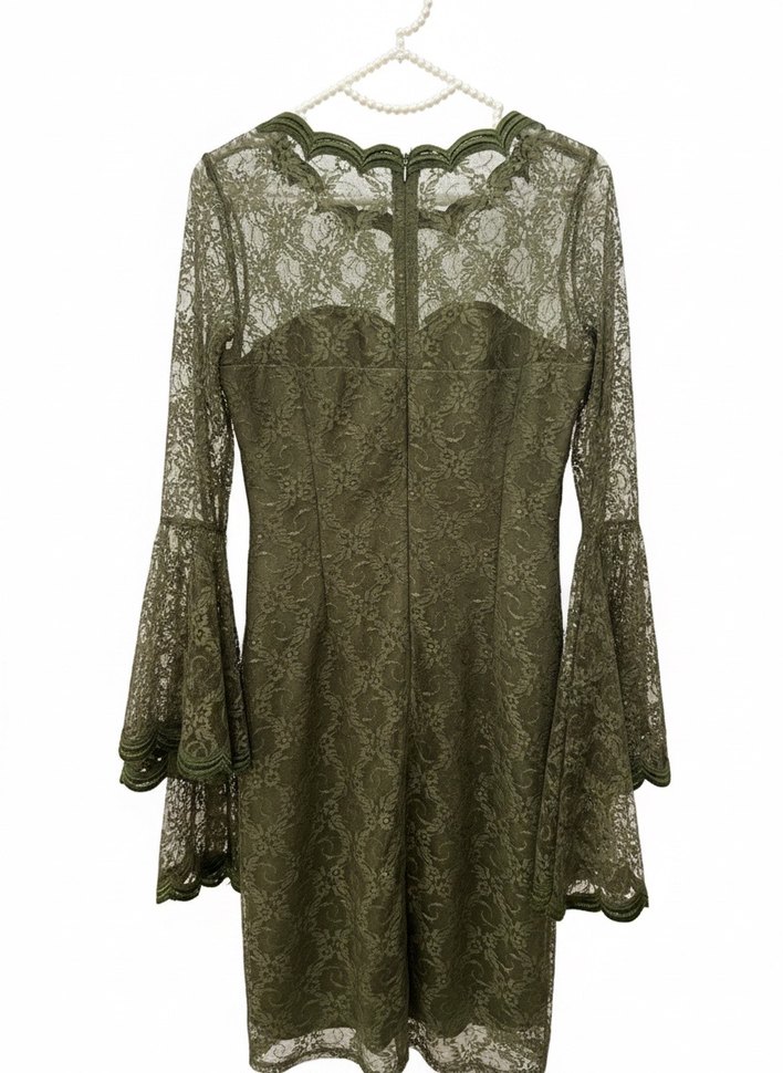 Dantel Detaylı Uzun Kollu Haki Elbise - Görsel 2