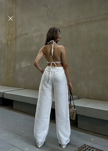 Beyaz Rahat Kesim Keten Karışımlı Bol Kesim Kadın Pantolon - Görsel 4