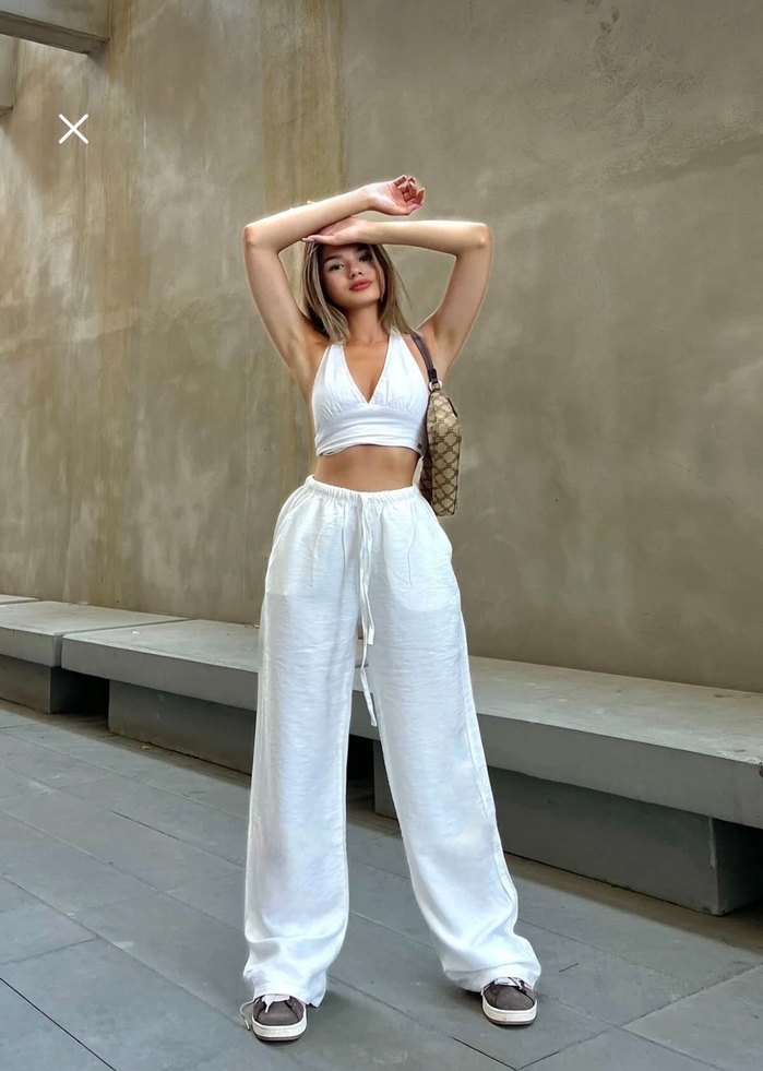 Beyaz Rahat Kesim Keten Karışımlı Bol Kesim Kadın Pantolon - Görsel 3