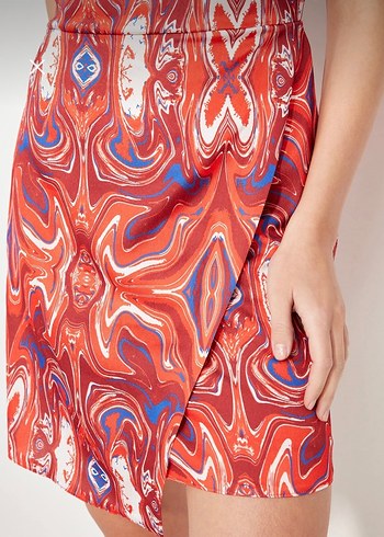 Kırmızı  Desenli Mini Elbise - Görsel 3