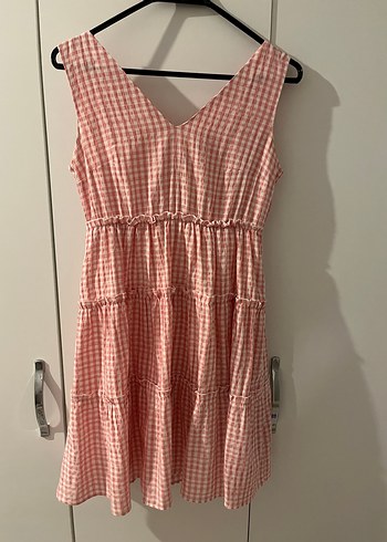 Pembe Kareli V Yaka Midi Elbise