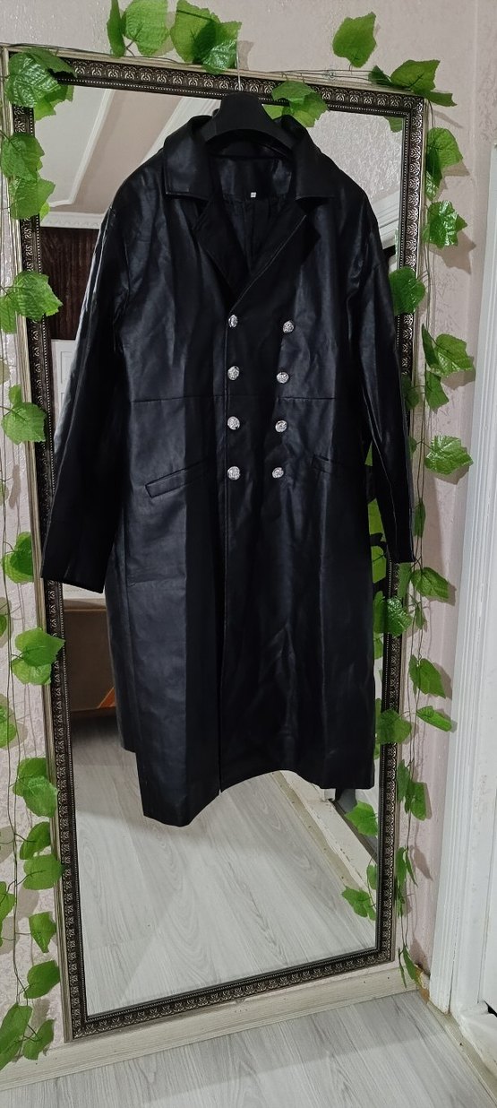 Düğmeli Siyah Deri Uzun mont - Görsel 2