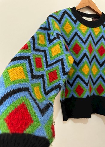 Renkli Desenli Kadın Triko Kazak - Görsel 2