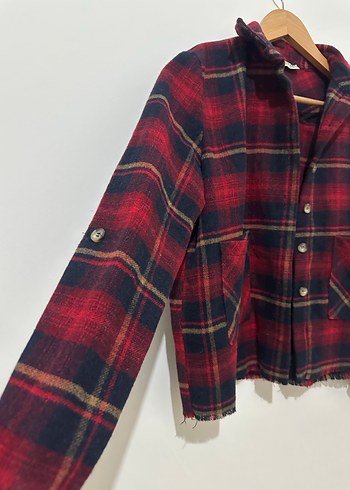 Bordo Ekose Düğmeli Uzun Kollu Kadın Gömlek - Görsel 2