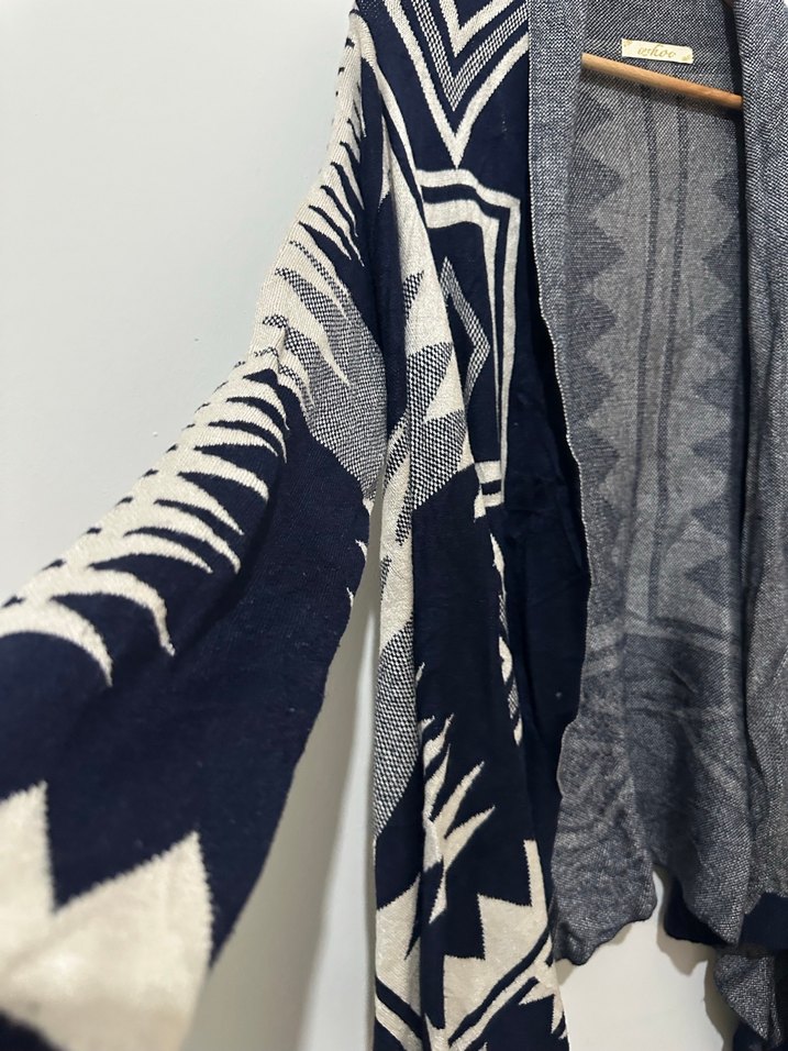 Bohem Gri Desenli Midi Uzun Hırka - Görsel 2