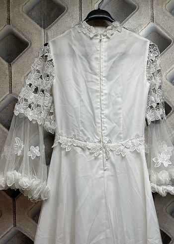 Uzun Kollu Beyaz Nakışlı Vintage Elbise - Görsel 7