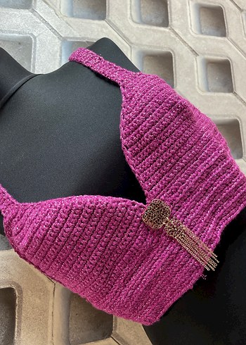 Pembe Örgü Bohem Mini Büstiyer - Görsel 2