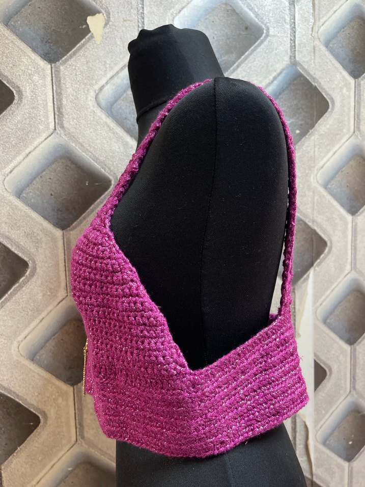 Pembe Örgü Bohem Mini Büstiyer - Görsel 3