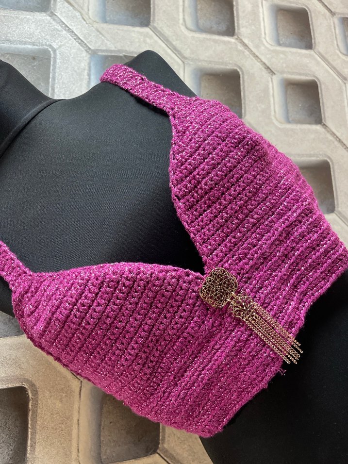Pembe Örgü Bohem Mini Büstiyer - Görsel 2
