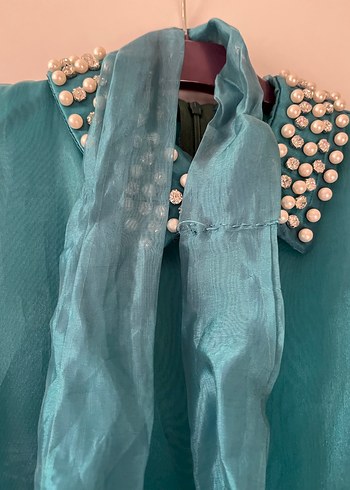 Turkuaz Parlak Uzun Kollu Gotik Elbise - Görsel 4