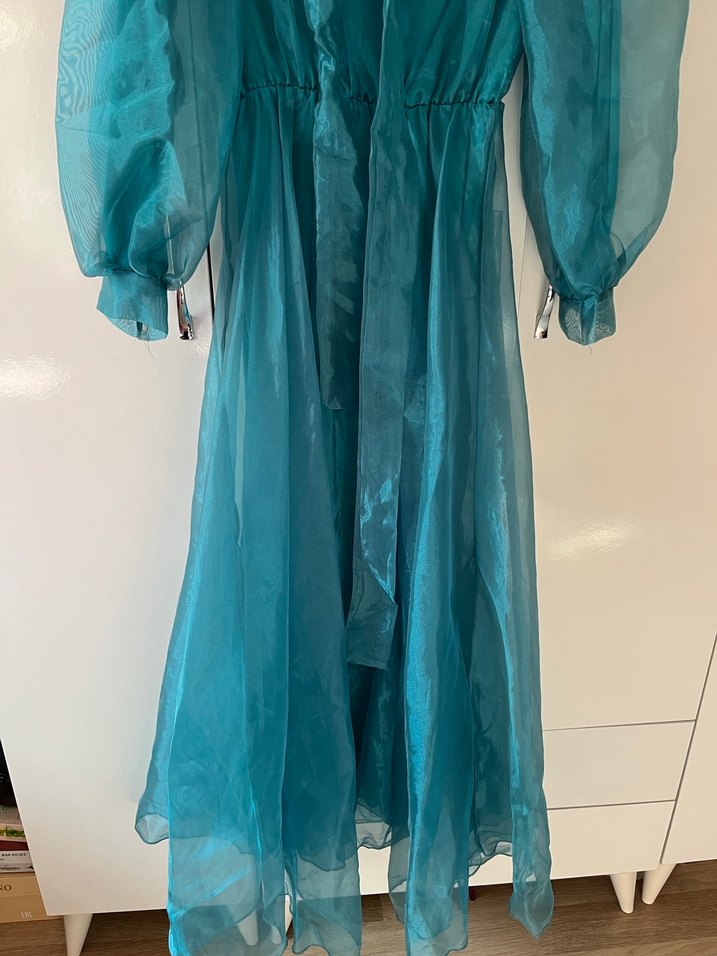 Turkuaz Parlak Uzun Kollu Gotik Elbise - Görsel 2