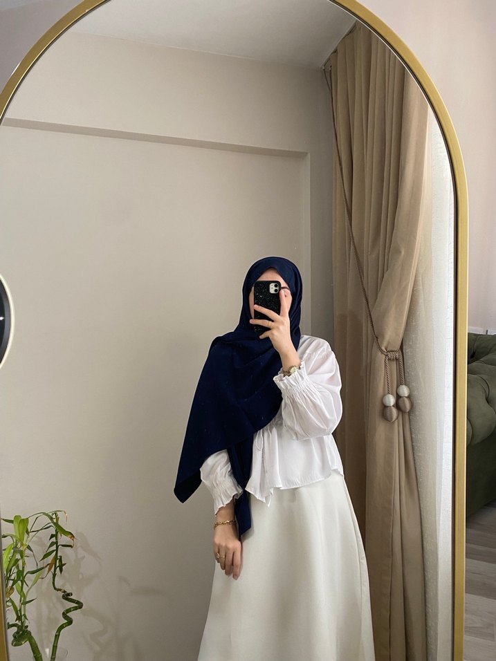 Lacivert Pamuklu Jakar Şal - Görsel 3