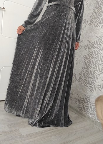 xl Beden Gri Pilili Uzun Kadın Abiye Elbise