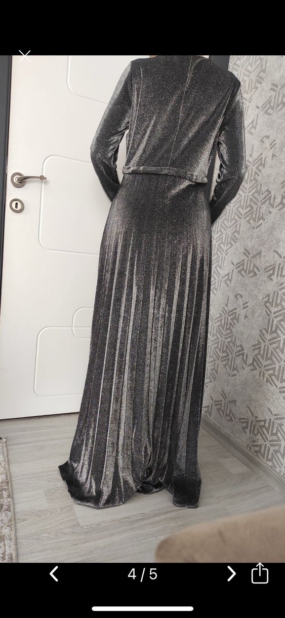 Gri Pilili Uzun Kadın Abiye Elbise - Görsel 4