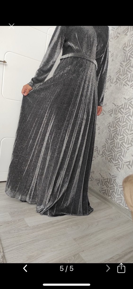 Gri Pilili Uzun Kadın Abiye Elbise - Görsel 5