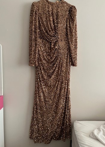 Drapeli Uzun Kollu  pul payet Uzun Elbise - Görsel 4