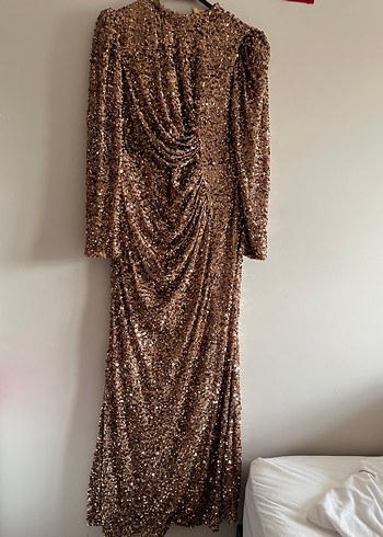 Drapeli Uzun Kollu  pul payet Uzun Elbise - Görsel 5