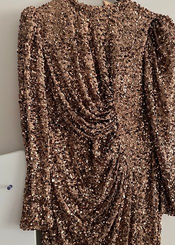 Drapeli Uzun Kollu  pul payet Uzun Elbise - Görsel 3