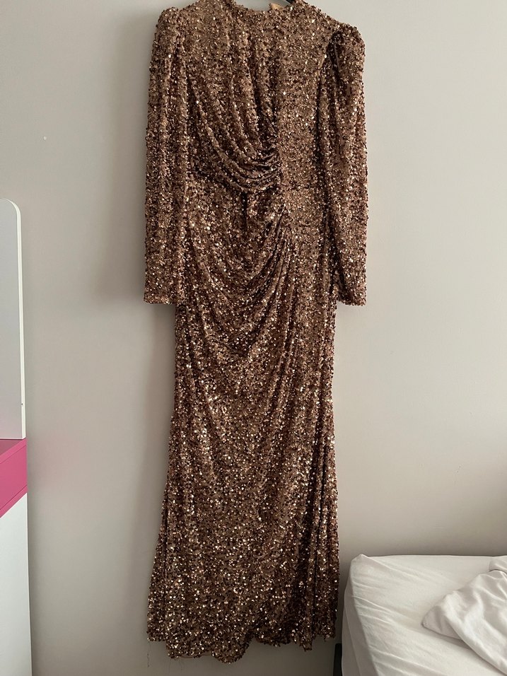 Drapeli Uzun Kollu  pul payet Uzun Elbise - Görsel 4