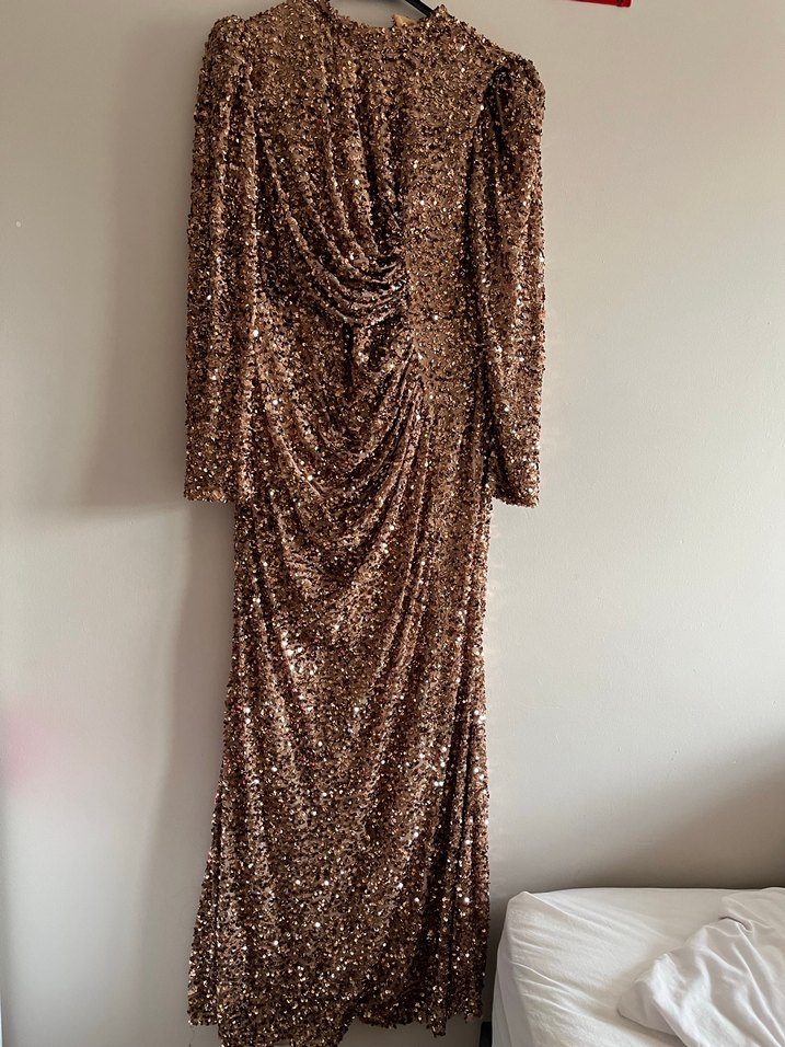 Drapeli Uzun Kollu  pul payet Uzun Elbise - Görsel 5